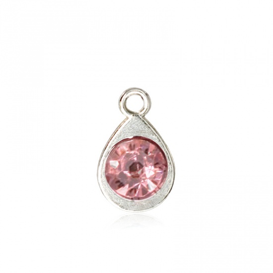 Immagine di Zinc Based Alloy & Glass Birthstone Charms Drop October Silver Tone Pink 11mm x 7mm, 10 PCs