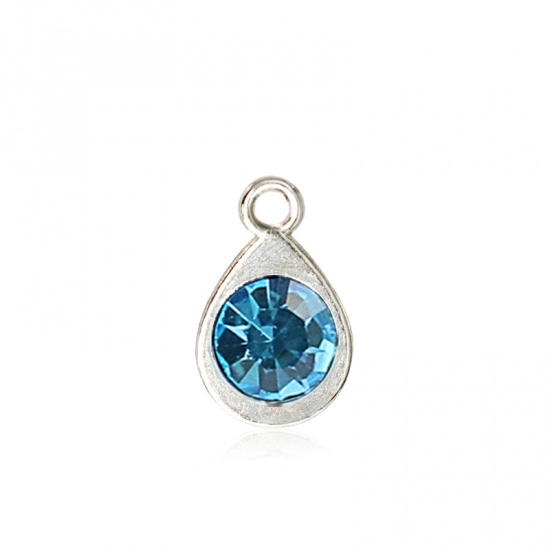 Picture of Zinc Based Alloy & Glass Birthstone Charms Drop December Silver Tone Light Blue 11mm x 7mm, 10 PCs