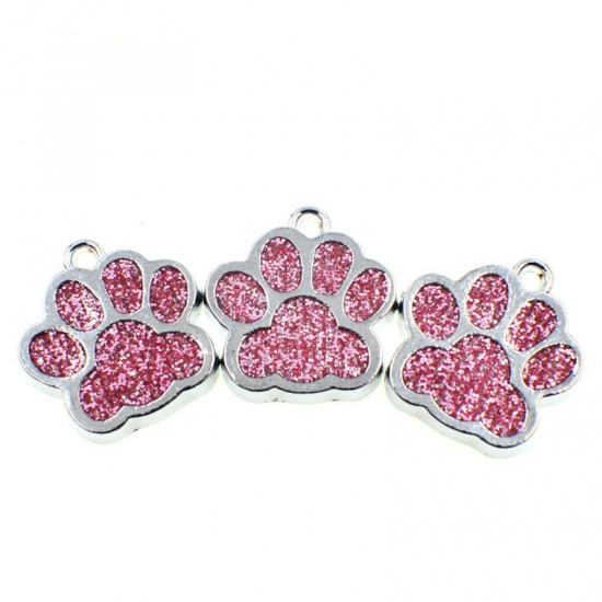 Immagine di Zinc Based Alloy & Glass Pet Memorial Charms Paw Claw Silver Tone Pink Glitter 16mm x 16mm, 10 PCs
