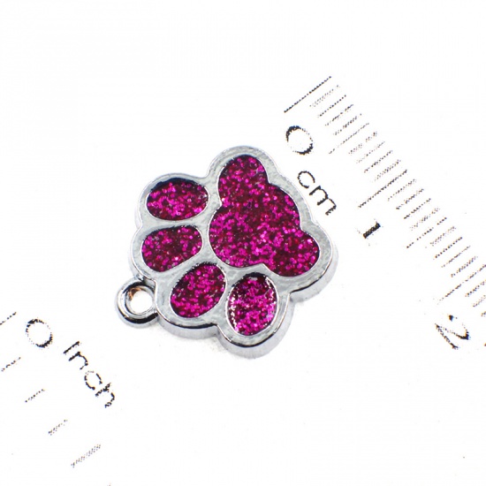 Imagen de Zinc Based Alloy & Glass Pet Memorial Charms Paw Claw Silver Tone Pink Glitter 16mm x 16mm, 10 PCs