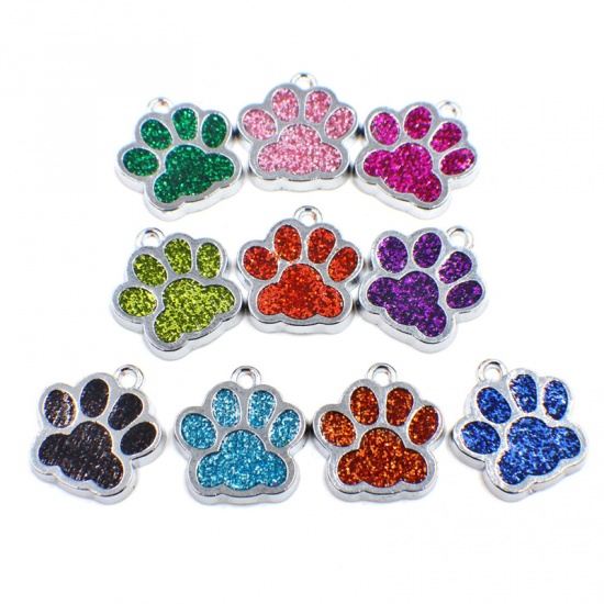 Picture of Zinc Based Alloy & Glass Pet Memorial Charms Paw Claw Silver Tone Fuchsia Glitter 16mm x 16mm, 10 PCs