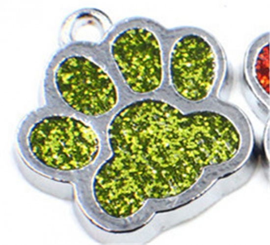 Imagen de Zinc Based Alloy & Glass Pet Memorial Charms Paw Claw Silver Tone Light Green Glitter 16mm x 16mm, 10 PCs