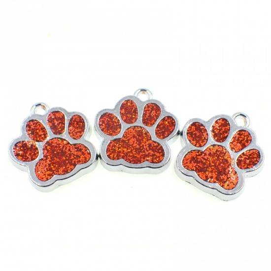 Picture of Zinc Based Alloy & Glass Pet Memorial Charms Paw Claw Silver Tone Red Glitter 16mm x 16mm, 10 PCs
