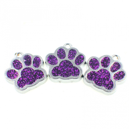 Imagen de Zinc Based Alloy & Glass Pet Memorial Charms Paw Claw Silver Tone Purple Glitter 16mm x 16mm, 10 PCs