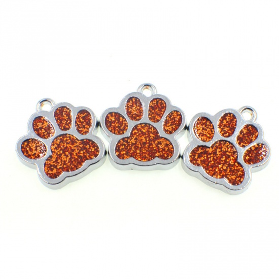 Immagine di Zinc Based Alloy & Glass Pet Memorial Charms Paw Claw Silver Tone Orange Glitter 16mm x 16mm, 10 PCs