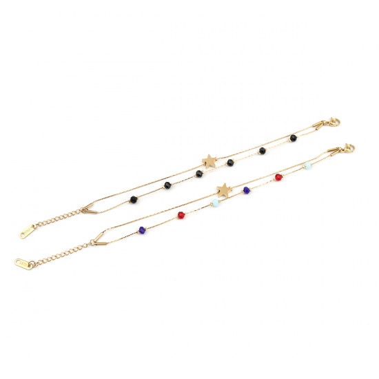 Picture of Stainless Steel Bracelets Gold Plated Multicolor Pentagram Star Multilayer 16cm(6 2/8") long, 1 Piece
