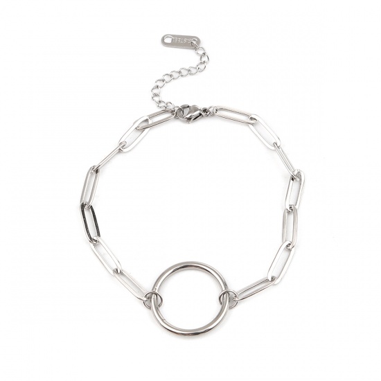 Picture of 304 Stainless Steel Simple Link Cable Chain Bracelets Silver Tone Circle Ring 18cm(7 1/8") long, 1 Piece