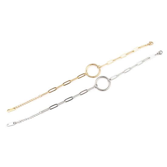 Picture of 304 Stainless Steel Simple Link Cable Chain Bracelets Silver Tone Circle Ring 18cm(7 1/8") long, 1 Piece