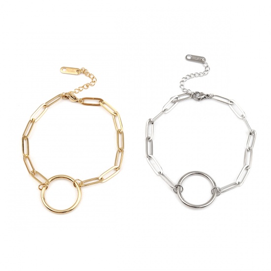 Picture of 304 Stainless Steel Simple Link Cable Chain Bracelets Silver Tone Circle Ring 18cm(7 1/8") long, 1 Piece