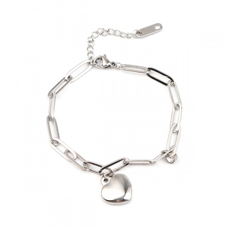Picture of Wholesale Heart Clear Cubic Zirconia Stainless Steel Charm Bracelets, Silver Tone Women's Valentine's Day Gift Jewelry Supply, 16.5cm(6 4/8") long, 1 Piece