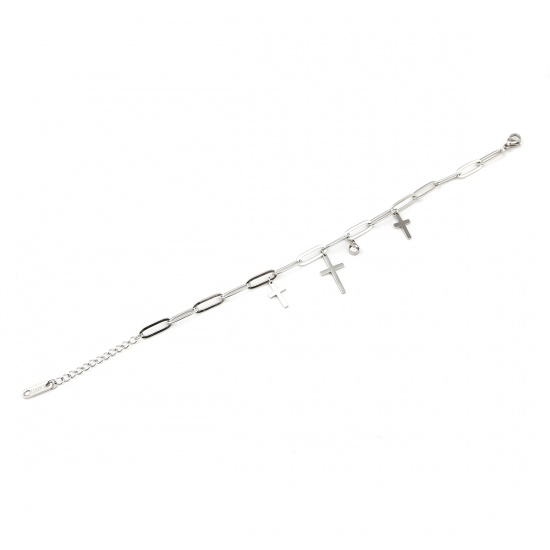 Immagine di Stainless Steel Bracelets Silver Tone Oval Cross Clear Cubic Zirconia 16.5cm(6 4/8") long, 1 Piece