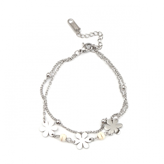 Изображение Stainless Steel Bracelets Silver Tone White Flower Imitation Turquoise 16.5cm(6 4/8") long, 1 Piece
