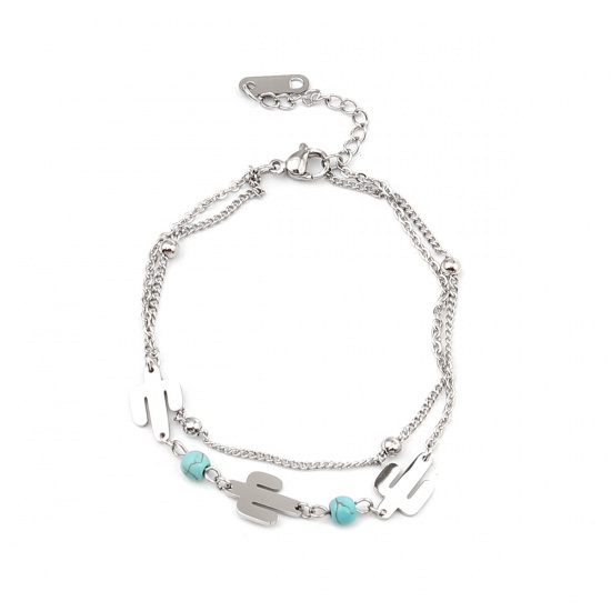 Bild von Stainless Steel Bracelets Silver Tone Blue Cactus Imitation Turquoise 16.5cm(6 4/8") long, 1 Piece