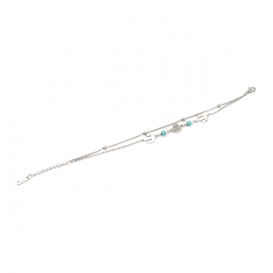 Bild von Stainless Steel Bracelets Silver Tone Blue Cactus Imitation Turquoise 16.5cm(6 4/8") long, 1 Piece