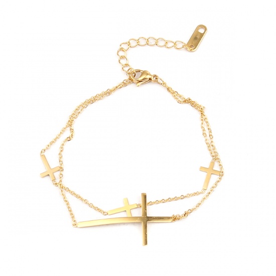 Immagine di Stainless Steel Bracelets Gold Plated Cross Multilayer 17cm(6 6/8") long, 1 Piece