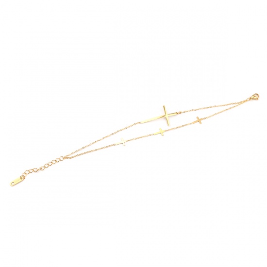 Immagine di Stainless Steel Bracelets Gold Plated Cross Multilayer 17cm(6 6/8") long, 1 Piece