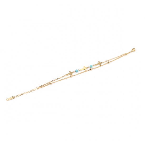 Immagine di Stainless Steel Bracelets Gold Plated Blue Cross Imitation Turquoise 17cm(6 6/8") long, 1 Piece