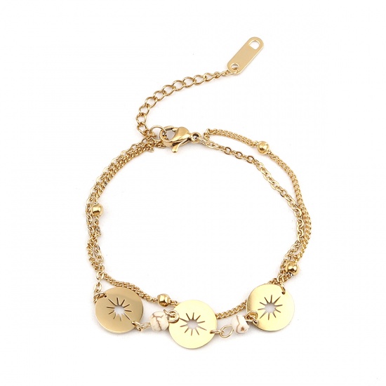 Immagine di Stainless Steel Bracelets Gold Plated White Round Star Imitation Turquoise 16cm(6 2/8") long, 1 Piece