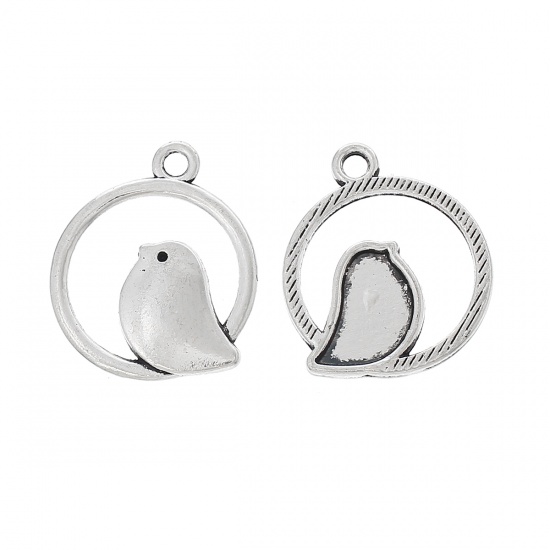 Picture of Zinc Based Alloy Charms Round Antique Silver Mother Bird Hollow 24mm(1") x 20mm( 6/8"), 20 PCs