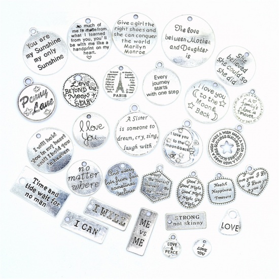 Zinc Based Alloy Pendants Round Antique Silver Color Word Message 1 Set ( 30 PCs/Set) の画像