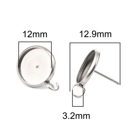 Picture of 304 Stainless Steel Ear Post Stud Earrings Round Silver Tone W/ Loop Cabochon Settings (Fits 12mm Dia.) 18mm x 14mm, Post/ Wire Size: (21 gauge), 10 PCs