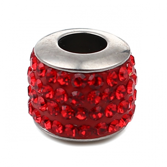 Immagine di Stainless Steel Beads Cylinder Silver Tone About Red Cubic Zirconia 11mm x 10mm, Hole: Approx 5mm, 1 Piece