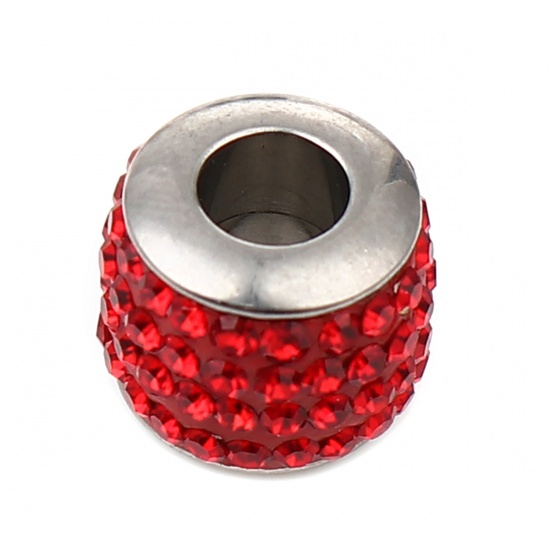 Immagine di Stainless Steel Beads Cylinder Silver Tone About Red Cubic Zirconia 11mm x 10mm, Hole: Approx 5mm, 1 Piece