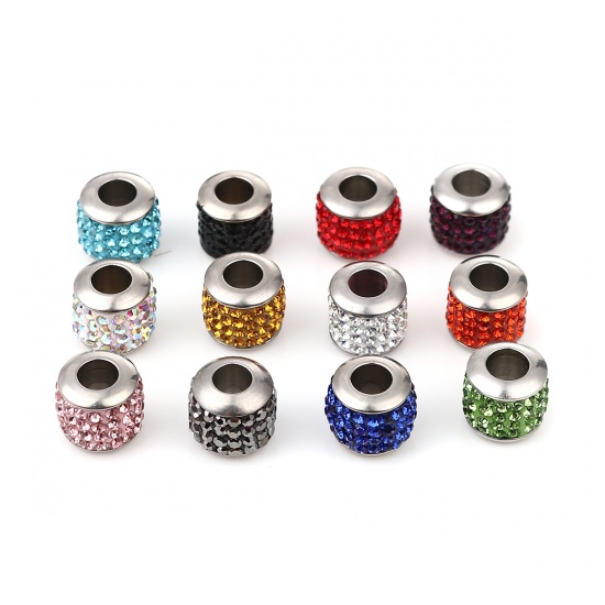 Immagine di Stainless Steel Beads Cylinder Silver Tone About Red Cubic Zirconia 11mm x 10mm, Hole: Approx 5mm, 1 Piece