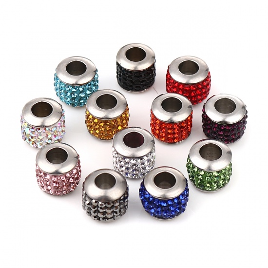 Immagine di Stainless Steel Beads Cylinder Silver Tone About Red Cubic Zirconia 11mm x 10mm, Hole: Approx 5mm, 1 Piece