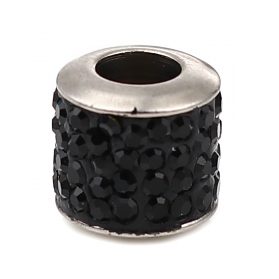 Immagine di Stainless Steel Beads Cylinder Silver Tone About Black Cubic Zirconia 11mm x 10mm, Hole: Approx 5mm, 1 Piece