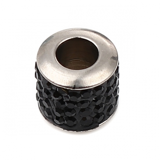 Immagine di Stainless Steel Beads Cylinder Silver Tone About Black Cubic Zirconia 11mm x 10mm, Hole: Approx 5mm, 1 Piece