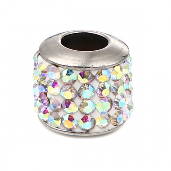 Immagine di Stainless Steel Beads Cylinder Silver Tone About AB Color Cubic Zirconia 11mm x 10mm, Hole: Approx 5mm, 1 Piece