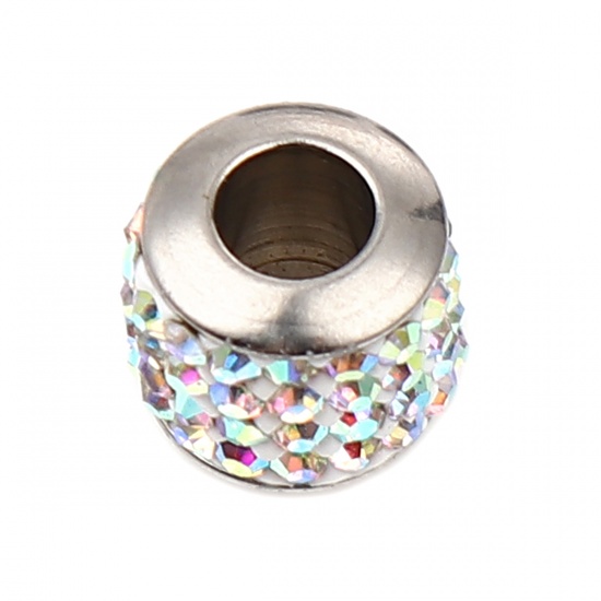 Immagine di Stainless Steel Beads Cylinder Silver Tone About AB Color Cubic Zirconia 11mm x 10mm, Hole: Approx 5mm, 1 Piece