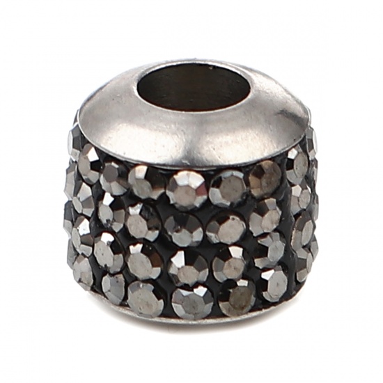 Immagine di Stainless Steel Beads Cylinder Silver Tone About Gray Cubic Zirconia 11mm x 10mm, Hole: Approx 5mm, 1 Piece