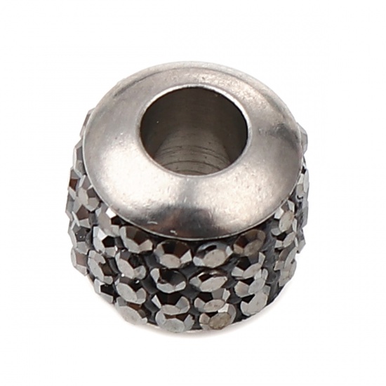 Immagine di Stainless Steel Beads Cylinder Silver Tone About Gray Cubic Zirconia 11mm x 10mm, Hole: Approx 5mm, 1 Piece