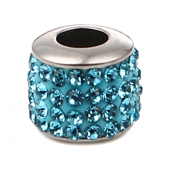 Immagine di Stainless Steel Beads Cylinder Silver Tone About Blue Cubic Zirconia 11mm x 10mm, Hole: Approx 5mm, 1 Piece