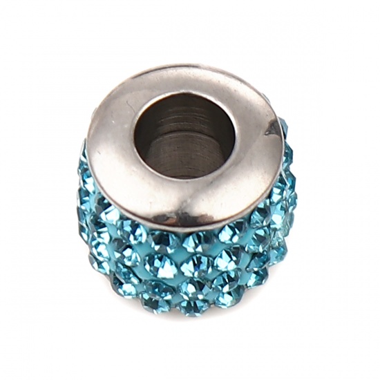 Immagine di Stainless Steel Beads Cylinder Silver Tone About Blue Cubic Zirconia 11mm x 10mm, Hole: Approx 5mm, 1 Piece