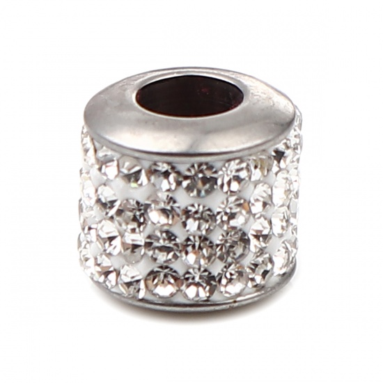 Immagine di Stainless Steel Beads Cylinder Silver Tone About Clear Cubic Zirconia 11mm x 10mm, Hole: Approx 5mm, 1 Piece