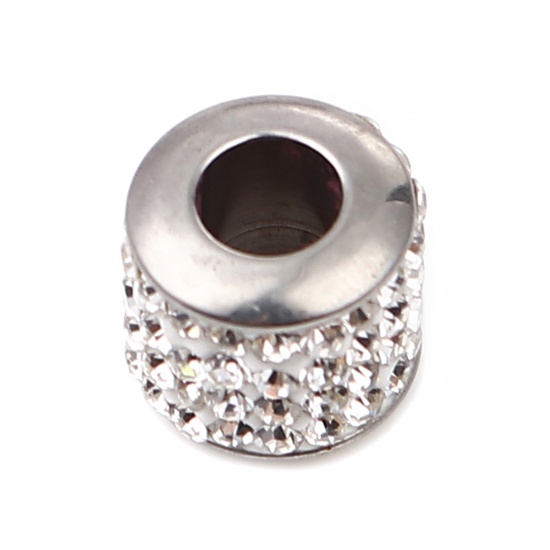 Immagine di Stainless Steel Beads Cylinder Silver Tone About Clear Cubic Zirconia 11mm x 10mm, Hole: Approx 5mm, 1 Piece