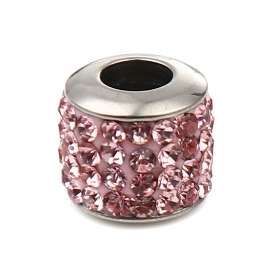 Immagine di Stainless Steel Beads Cylinder Silver Tone About Pink Cubic Zirconia 11mm x 10mm, Hole: Approx 5mm, 1 Piece