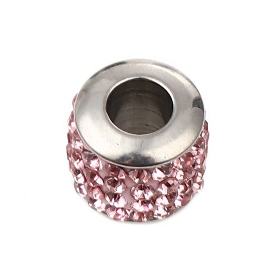 Immagine di Stainless Steel Beads Cylinder Silver Tone About Pink Cubic Zirconia 11mm x 10mm, Hole: Approx 5mm, 1 Piece