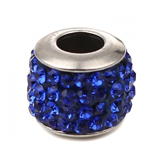 Immagine di Stainless Steel Beads Cylinder Silver Tone About Royal Blue Cubic Zirconia 11mm x 10mm, Hole: Approx 5mm, 1 Piece