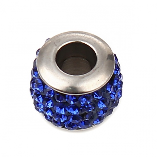 Immagine di Stainless Steel Beads Cylinder Silver Tone About Royal Blue Cubic Zirconia 11mm x 10mm, Hole: Approx 5mm, 1 Piece