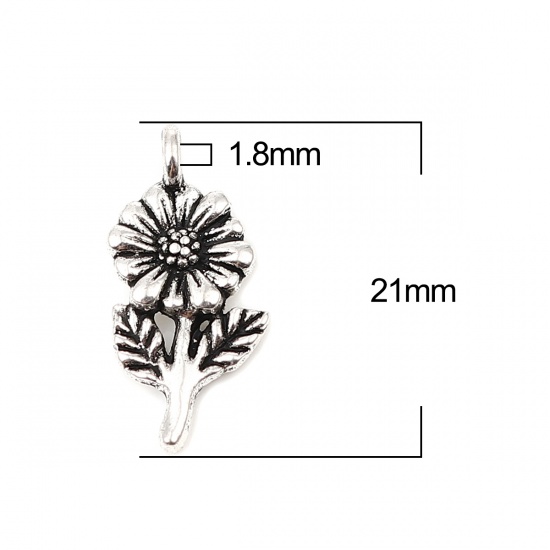 Picture of Zinc Based Alloy Charms Chrysanthemum Flower Antique Silver Color 21mm x 10mm, 100 PCs