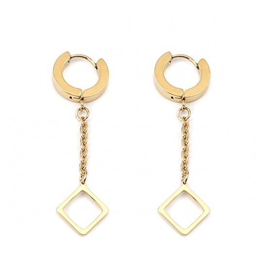 Immagine di Stainless Steel Hoop Earrings Gold Plated Circle Ring Rhombus 45mm x 14mm, Post/ Wire Size: (20 gauge), 1 Pair