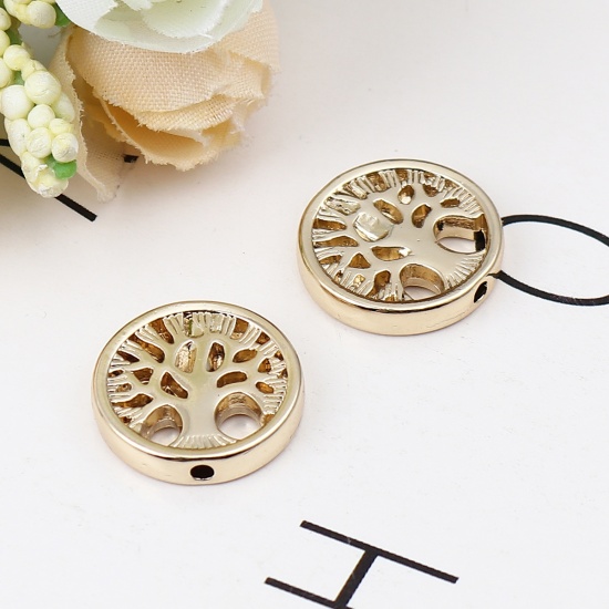 Picture of Zinc Based Alloy Beads For DIY Charm Jewelry Making 16K Gold Color Flat Round Tree About 18mm Dia., Hole: Approx 1.7mm, 5 PCs