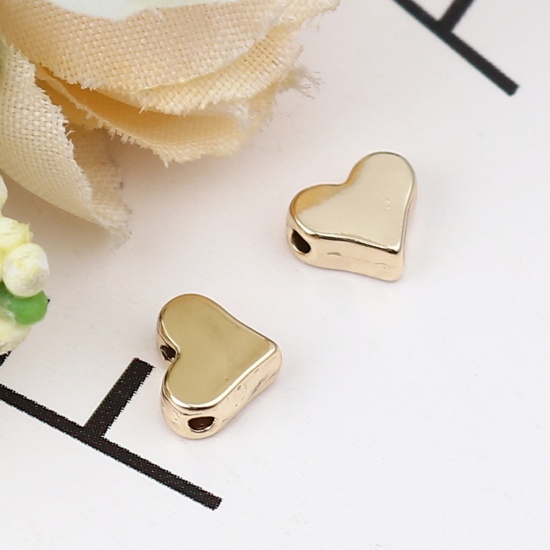 Picture of Zinc Based Alloy Beads For DIY Charm Jewelry Making 16K Gold Color Heart About 7mm x 6mm, Hole: Approx 1.1mm, 10 PCs