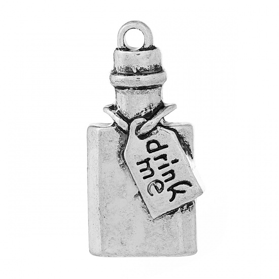Picture of Zinc Metal Alloy Charm Pendants Bottle Antique Silver Message " Drink Me " Carved 28mm(1 1/8") x 14mm( 4/8"), 10 PCs