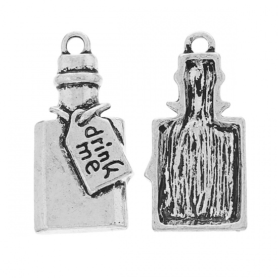 Picture of Zinc Metal Alloy Charm Pendants Bottle Antique Silver Message " Drink Me " Carved 28mm(1 1/8") x 14mm( 4/8"), 10 PCs