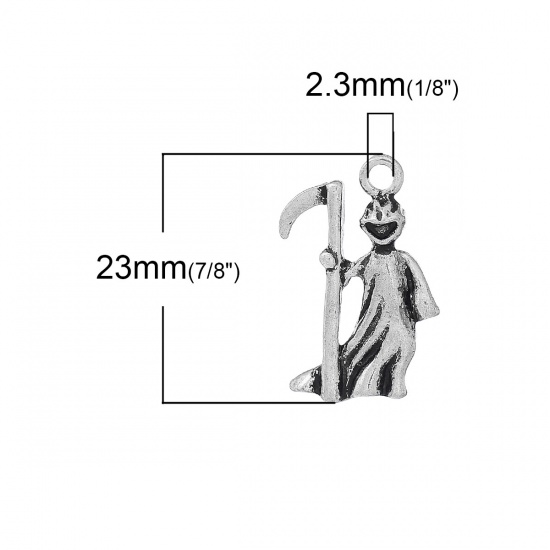 Picture of Zinc Metal Alloy Charm Pendants Death Human With Sickle Antique Silver 23mm( 7/8") x 14mm( 4/8"), 10 PCs